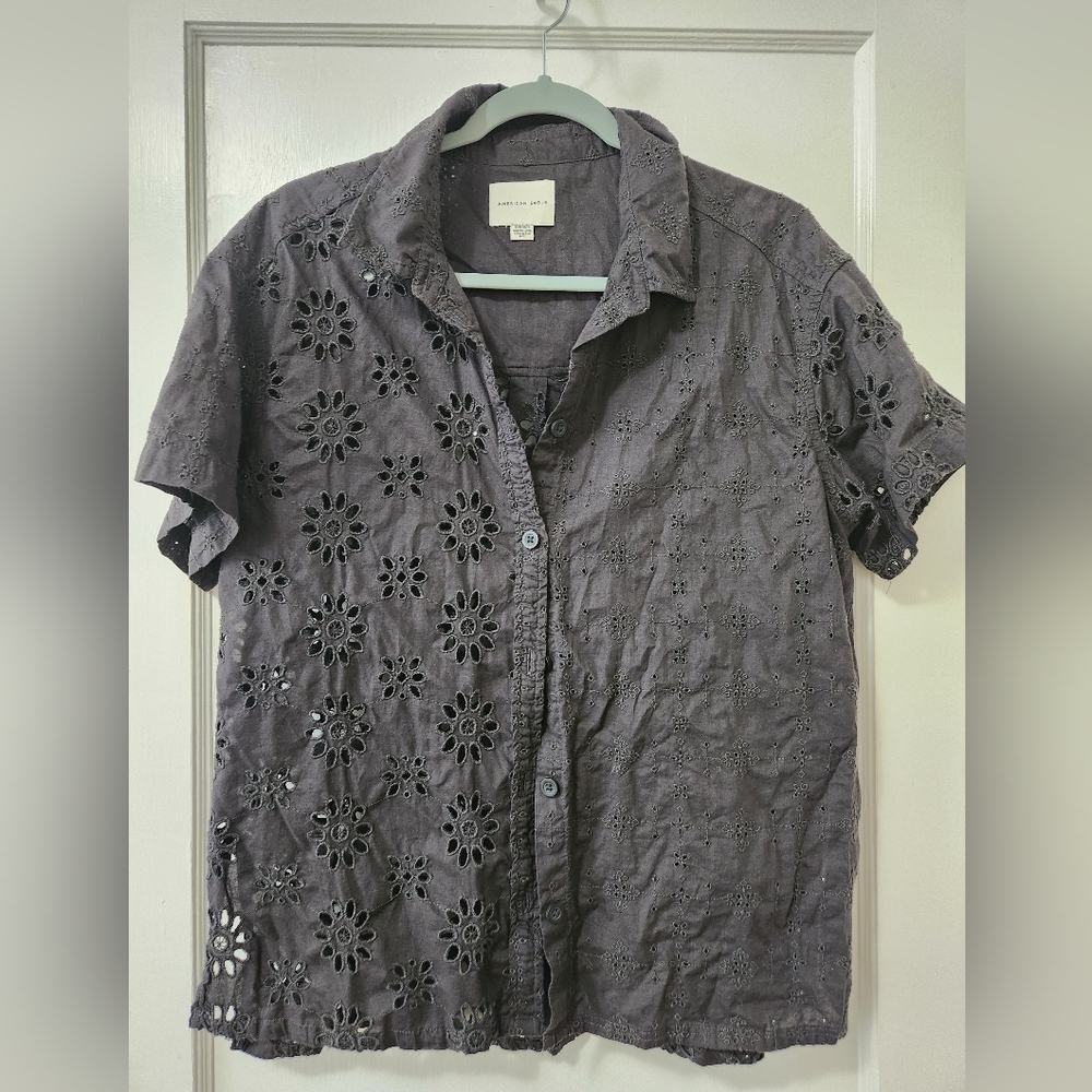 Black Eyelet Short Sleeve Button Down